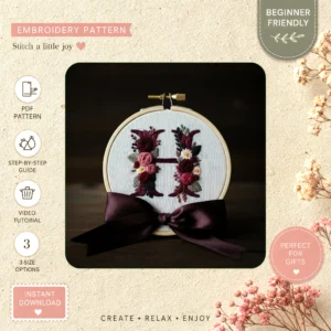 Main preview of chic personalized monogrammed floral hand embroidery pattern showing floral and home in a hand stitched hoop art design