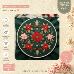 Main preview of chirstmas wreath festive poinsettias hand embroidery pattern showing wreath and home in a hand stitched hoop art design