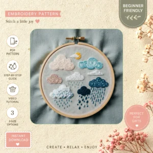 Main preview of clouds rain whimsical sky hand embroidery pattern showing sunset, sky, clouds, and nature in a hand stitched hoop art design