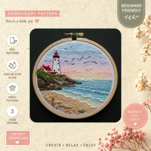 Main preview of coastal charm scenic lighthouse hand embroidery pattern showing sunset, sky, clouds, ocean, and sea in a hand stitched hoop art design