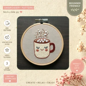 Main preview of coffee cup cozy cafe hand embroidery pattern showing home in a hand stitched hoop art design