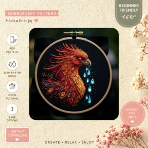Main preview of colorful bird vibrant nature hand embroidery pattern showing bird, flowers, and nature in a hand stitched hoop art design