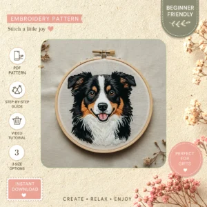 Main preview of colorful collie tongue out hand embroidery pattern showing dog in a hand stitched hoop art design
