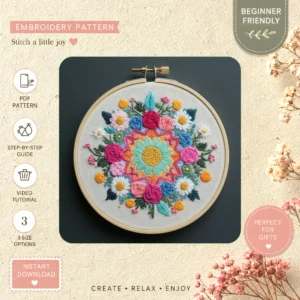 Main preview of colorful floral nature celebration hand embroidery pattern showing flowers, floral, and nature in a hand stitched hoop art design