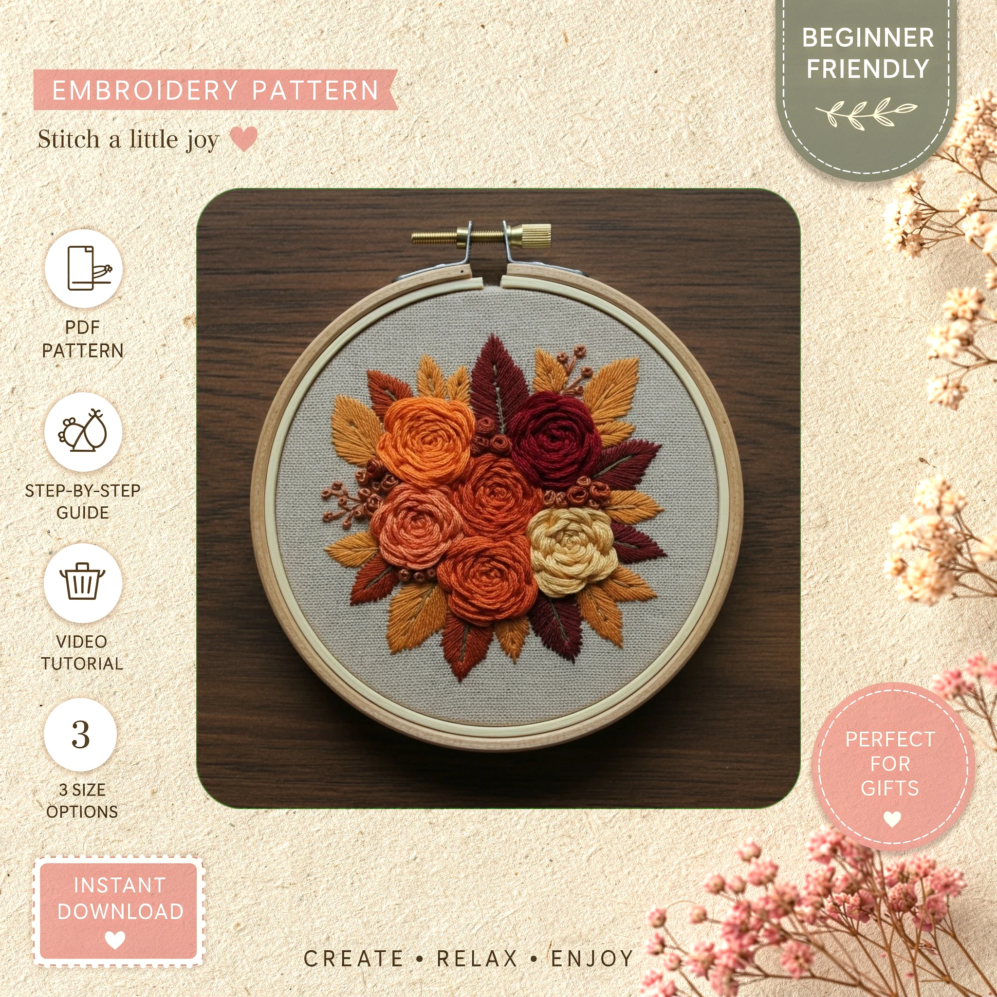 Main preview of colorful floral variety flowers hand embroidery pattern showing flowers, floral, and leaves in a hand stitched hoop art design