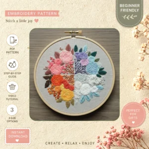 Main preview of colorful floral vivid nature hand embroidery pattern showing flowers, floral, nature, and home in a hand stitched hoop art design