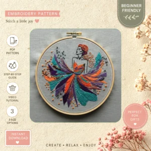 Main preview of colorful flower bird vibrant hand embroidery pattern showing bird, flower, floral, nature, and home in a hand stitched hoop art design