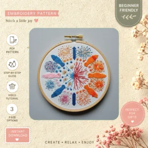 Main preview of colorful nature celebration festive hand embroidery pattern showing birds, flowers, nature, and stars in a hand stitched hoop art design