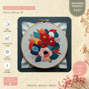 Main preview of colorful nature floral vivid hand embroidery pattern showing flowers, floral, foliage, and nature in a hand stitched hoop art design