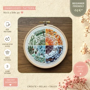Main preview of colorful nature vibrant plants hand embroidery pattern showing birds, garden, cottage, sky, and nature in a hand stitched hoop art design