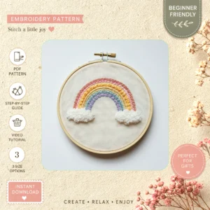 Main preview of colorful rainbow magic nature's hand embroidery pattern showing rainbow in a hand stitched hoop art design