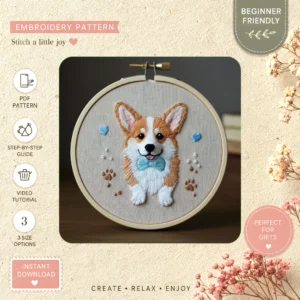 Main preview of corgi cross adorable pup hand embroidery pattern showing flowers, leaves, and home in a hand stitched hoop art design