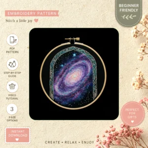 Main preview of cosmic astrology galaxy star hand embroidery pattern showing star, galaxy, and home in a hand stitched hoop art design