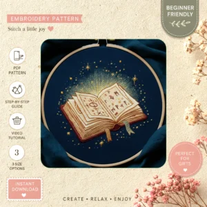 Main preview of cosmic book magical reading hand embroidery pattern showing sky, star, stars, night, and celestial in a hand stitched hoop art design