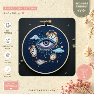 Main preview of cosmic eye nature inspired hand embroidery pattern showing tree, nature, stars, planets, and constellation in a hand stitched hoop art design