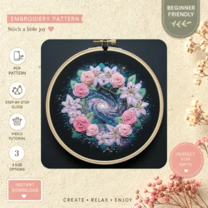 Main preview of cosmic flower nature inspired hand embroidery pattern showing flower, flowers, floral, leaves, and nature in a hand stitched hoop art design