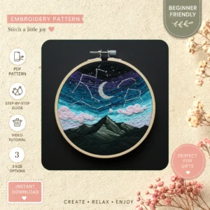 Main preview of cosmic mountain starry night hand embroidery pattern showing mountain, landscape, sky, moon, and stars in a hand stitched hoop art design