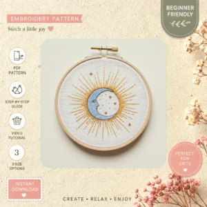 Main preview of cosmic night dreamy moon hand embroidery pattern showing sunflower, sky, moon, stars, and night in a hand stitched hoop art design