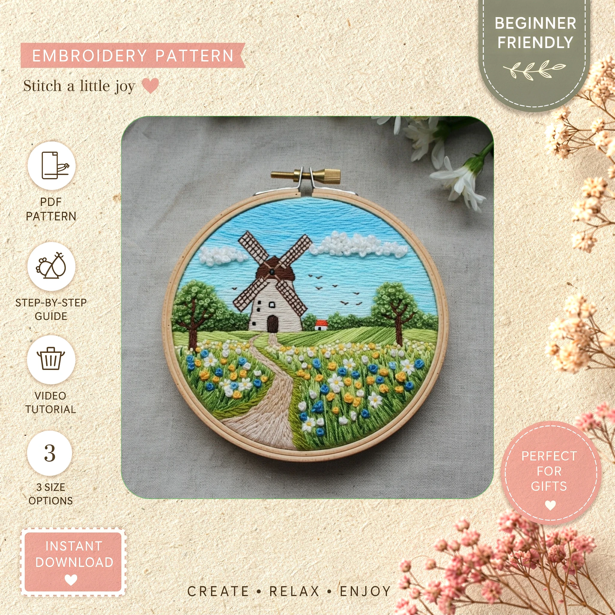 Main preview of cottage field flowers quaint hand embroidery pattern showing flowers, cottage, meadow, field, and nature in a hand stitched hoop art design