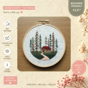 Main preview of cottage forest pastoral cozy hand embroidery pattern showing forest, cottage, and nature in a hand stitched hoop art design
