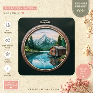 Main preview of cottage mountain lake nature hand embroidery pattern showing mountain, mountains, landscape, cottage, and cabin in a hand stitched hoop art design