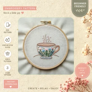 Main preview of cozy cafe coffee cup hand embroidery pattern showing butterflies, flowers, and floral in a hand stitched hoop art design