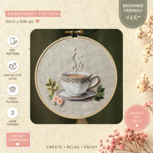 Main preview of cozy cafe quaint coffee hand embroidery pattern showing cottage in a hand stitched hoop art design