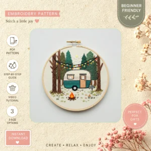 Main preview of cozy campfire outdoors rustic hand embroidery pattern showing trees, stars, and home in a hand stitched hoop art design