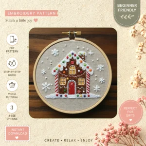 Main preview of cozy cottage snow christmas hand embroidery pattern showing wreath, cottage, and home in a hand stitched hoop art design