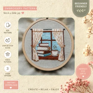 Main preview of cozy nook elevate window hand embroidery pattern showing cat, home, and window in a hand stitched hoop art design