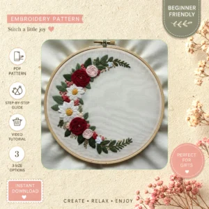 Main preview of crescent moon floral border hand embroidery pattern showing floral, moon, and crescent in a hand stitched hoop art design