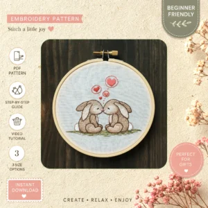 Main preview of custom rabbits share sweet hand embroidery pattern showing home in a hand stitched hoop art design