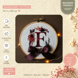 Main preview of customizable monogrammed floral letter hand embroidery pattern showing flowers, floral, and leaves in a hand stitched hoop art design