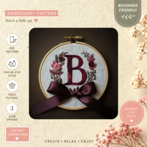 Main preview of customizable personalized initials floral hand embroidery pattern showing flowers, floral, and bouquet in a hand stitched hoop art design
