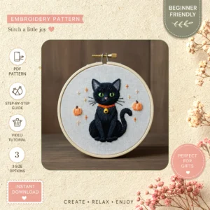 Main preview of cute black cat flower hand embroidery pattern showing cat, flower, flowers, bouquet, and nature in a hand stitched hoop art design