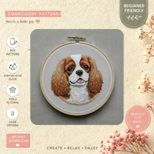Main preview of cute brown dog corgi hand embroidery pattern showing dog in a hand stitched hoop art design