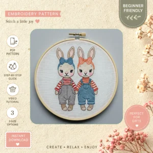 Main preview of cute bunny nature inspired hand embroidery pattern showing bunny, flowers, and nature in a hand stitched hoop art design