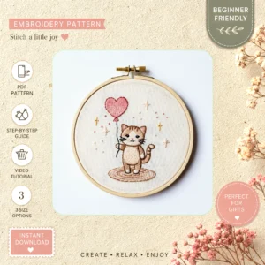 Main preview of cute cat balloon adorable hand embroidery pattern showing cat in a hand stitched hoop art design