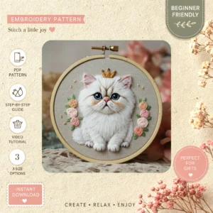 Main preview of cute cat crown floral hand embroidery pattern showing cat, floral, and bouquet in a hand stitched hoop art design