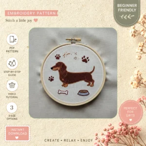 Main preview of cute chihuahua dog bone hand embroidery pattern showing dog in a hand stitched hoop art design