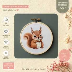 Main preview of cute chipmunk whimsical squirrel hand embroidery pattern showing squirrel and nature in a hand stitched hoop art design