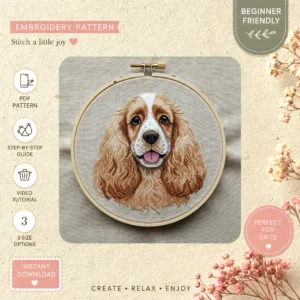 Main preview of cute dog adorable puppy hand embroidery pattern showing dog in a hand stitched hoop art design