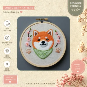 Main preview of cute fox among flowers hand embroidery pattern showing fox, flowers, floral, and nature in a hand stitched hoop art design