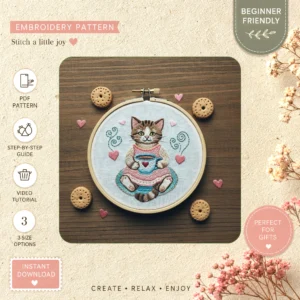Main preview of cute kitten teacup cookies hand embroidery pattern showing cat in a hand stitched hoop art design
