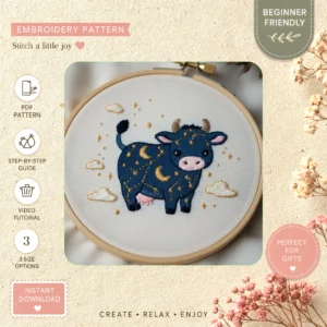 Main preview of cute night blue cow hand embroidery pattern showing cow, sky, clouds, moon, and star in a hand stitched hoop art design
