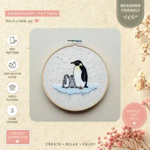 Main preview of cute penguin family winter's hand embroidery pattern showing penguin, landscape, and home in a hand stitched hoop art design