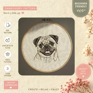 Main preview of cute pug wall pug's hand embroidery pattern showing cute pug wall pug's in a hand stitched hoop art design