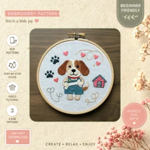 Main preview of cute puppy house hearts hand embroidery pattern showing dog, cottage, and house in a hand stitched hoop art design