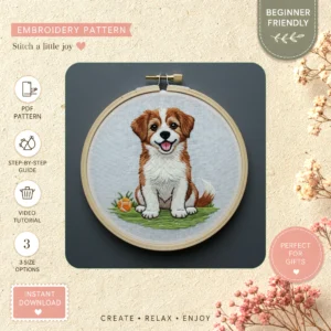 Main preview of cute puppy sitting grass hand embroidery pattern showing cute puppy sitting grass in a hand stitched hoop art design