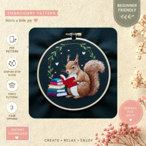 Main preview of cute squirrel reading book hand embroidery pattern showing squirrel and nature in a hand stitched hoop art design